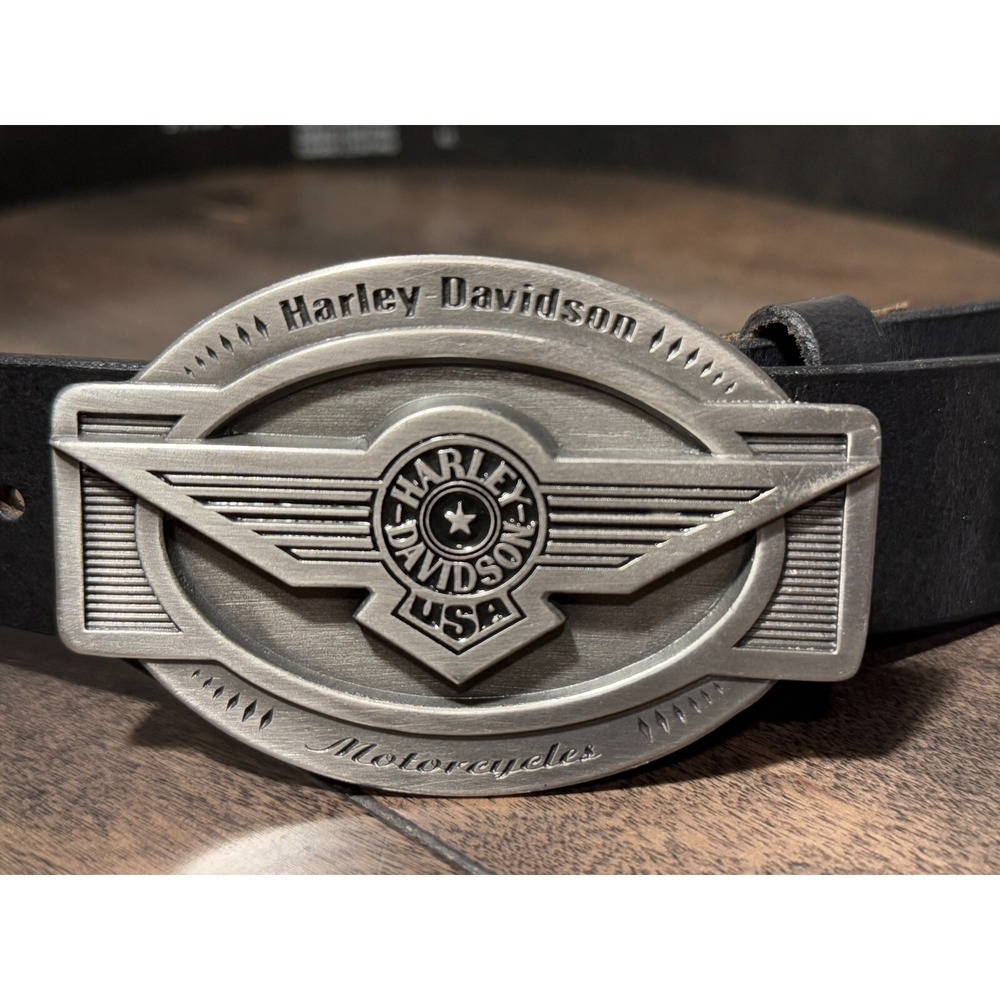 Y2K 2000 Harley Davidson USA Belt Buckle & Size 42 Black Harley Belt Leather